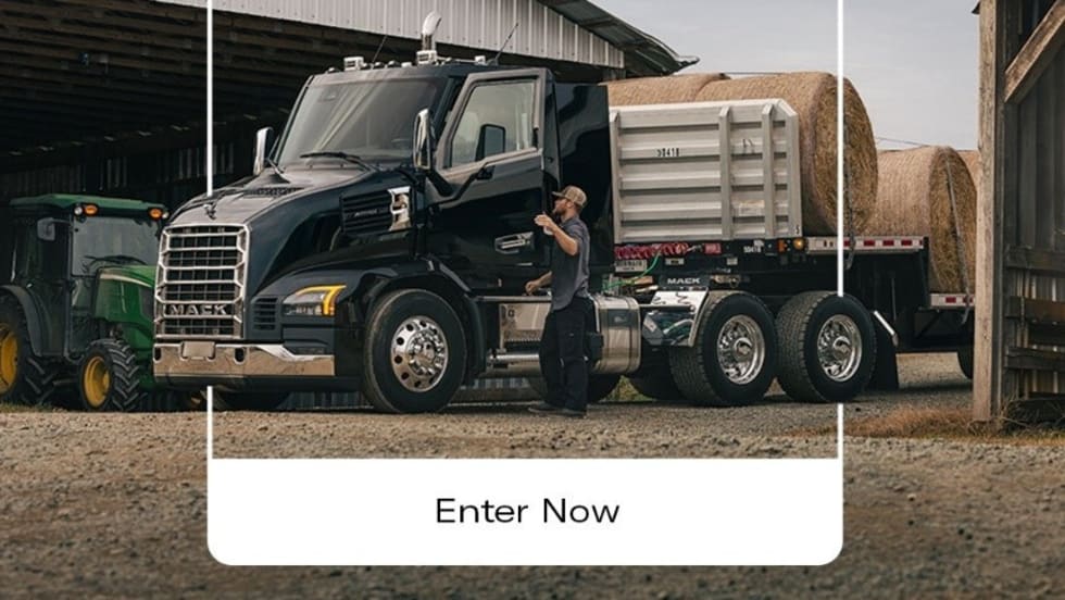 Photo of a Mack Truck and headline for 2027 Mack Calendar Contest and Enter Now.