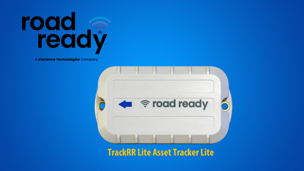 Blue background with image of a white plastic device, an asset tracker, and logo for Road Ready.
