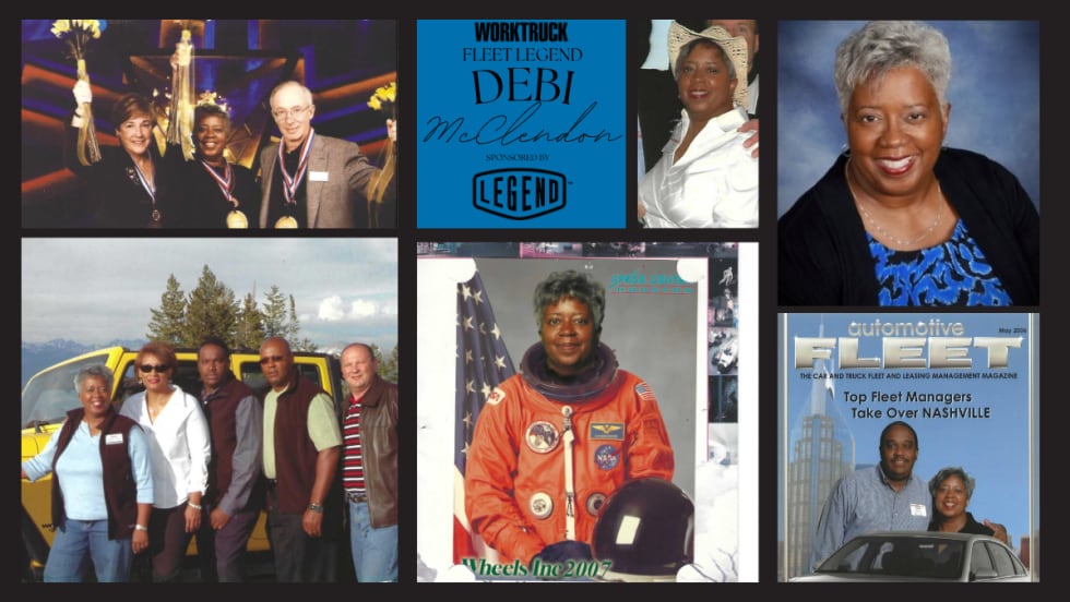 Collage of Debi McClendon throughout her fleet career, including professional portraits, industry events, team photos, and a magazine cover highlighting her leadership achievements.