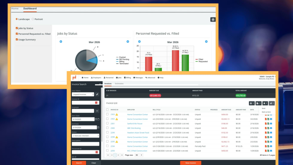 Two computer screenshots with graphs and spreadsheet against a blue background