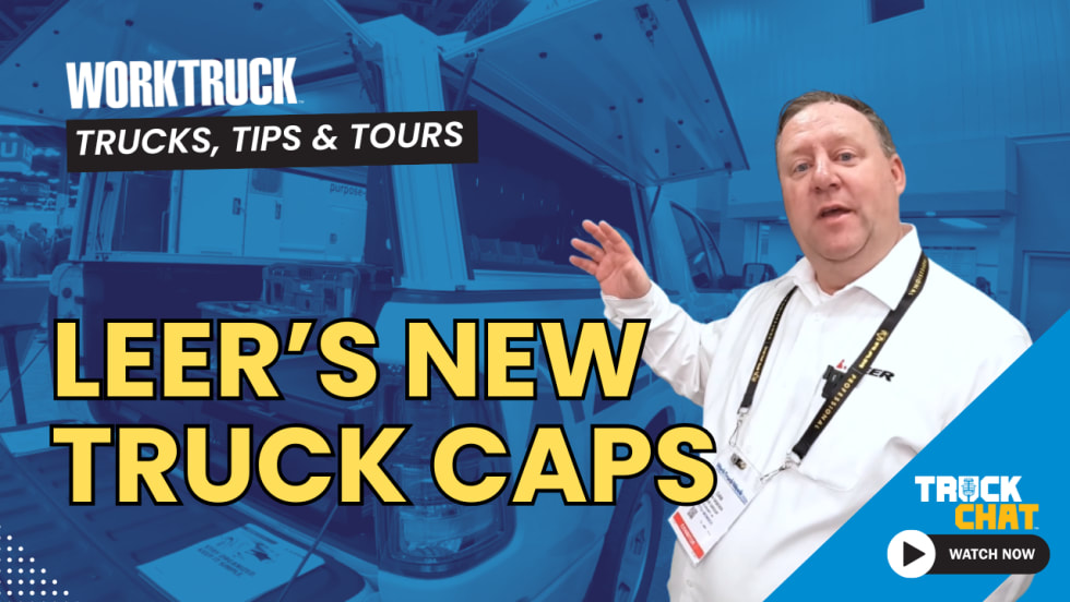 Tinted blue background image of a pickup truck with a cap and storage compartments, man points to the truck as he talks about it, headline Leer's New Truck Caps, and logos for Work Truck & Truck Chat.