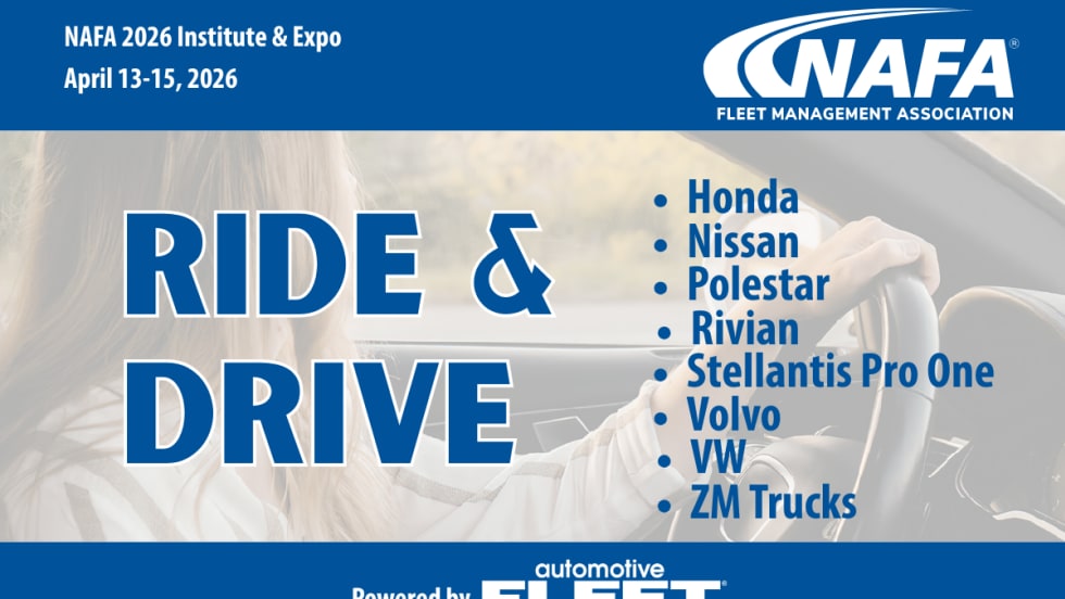 Background faint image of woman driving car with headline for Ride & Drive and logos for NAFA and Automotive Fleet.
