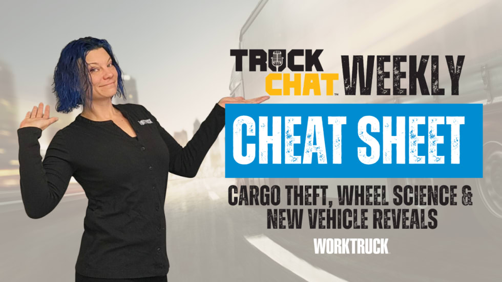 Truck Chat Weekly Cheat Sheet graphic featuring Lauren Fletcher with headlines on cargo theft, wheel science, and new vehicle reveals for fleet professionals.