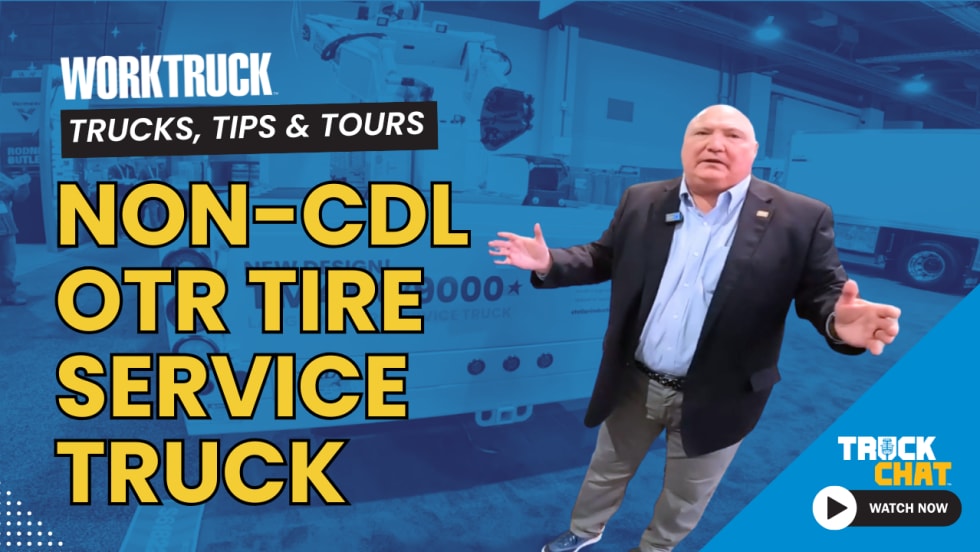 Blue-tinted background image of a tire service truck, a man standing in front with open arms, headline Non-CDL Tire Service Truck, logos for Work Truck and Truck Chat.
