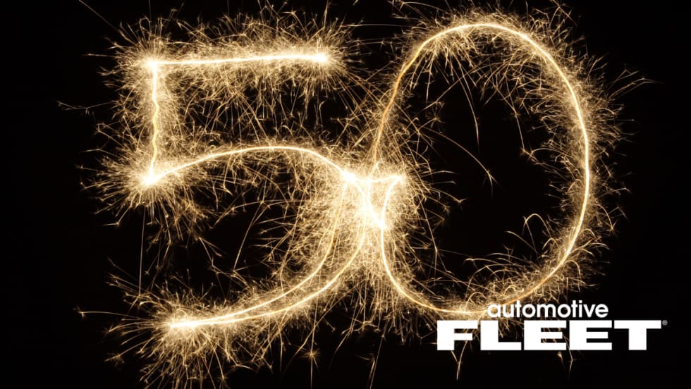Sparkler-style “50” with Automotive Fleet logo, representing the publication’s 50th anniversary milestone in the fleet industry.