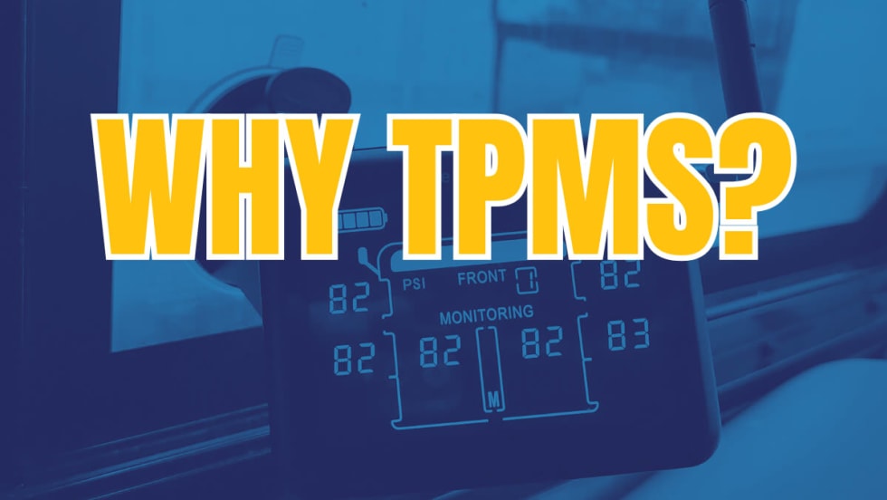 Blue-toned image of a TPMS screen displaying tire pressures with a large yellow headline WHY TPMS?