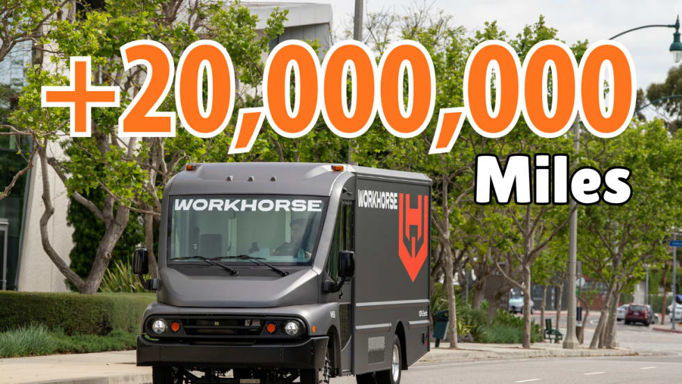 Step van driving down road with large orange headline +20,00,000 miles.