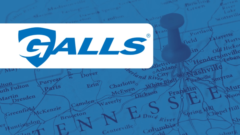 GALLS logo against a white box set atop a blue-tinted map of Tennessee.