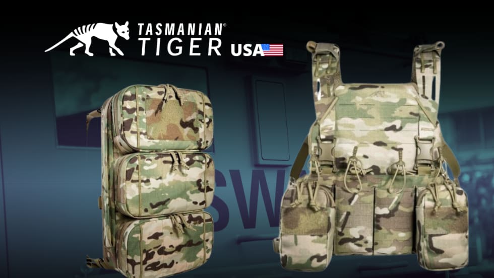 Two chest rig packs in camo in front of a blue themed SWAT background and a logo for Tasmanian Tiger.