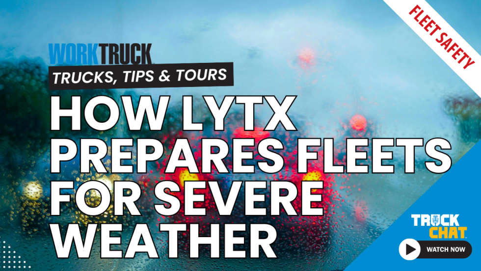 Background image of a rainy windshield and brake lights with logos for Truck Chat and Work Truck and a headline How Lytx Prepares Fleets for Severe Weather.