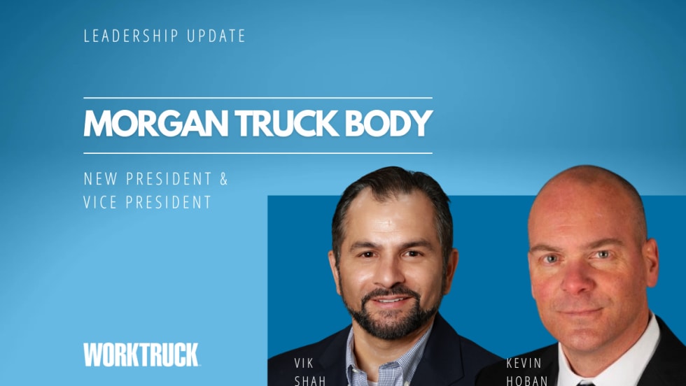 Blue background and headlines for Leadership Update and Morgan Truck Body, with headshots of two men in business attire and Work Truck logo.