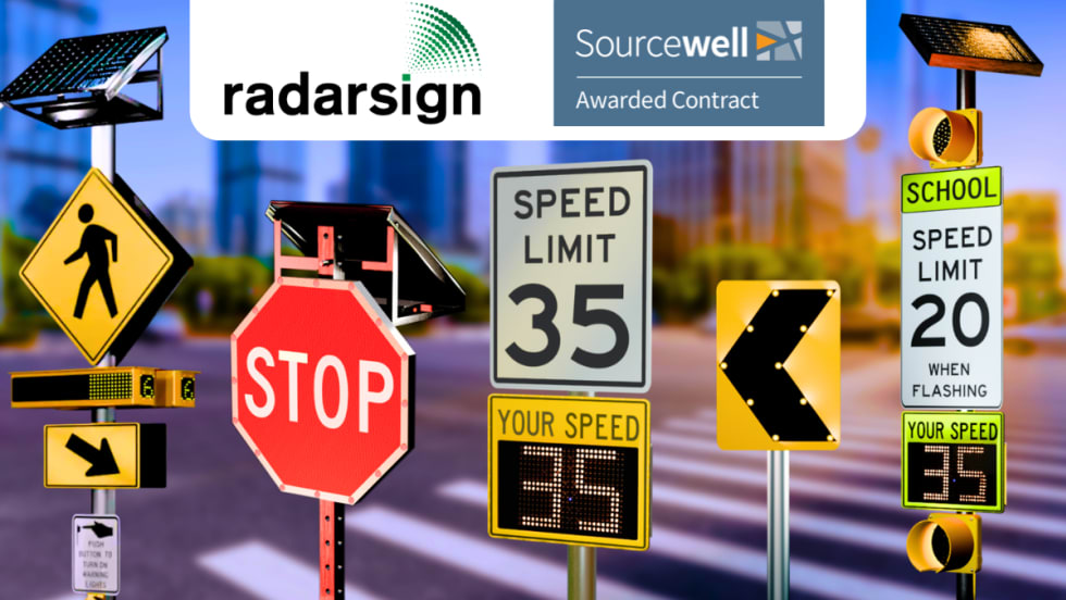 Collection of traffic control signs against a city backdrop and logos for Radarsign and Sourcewell.