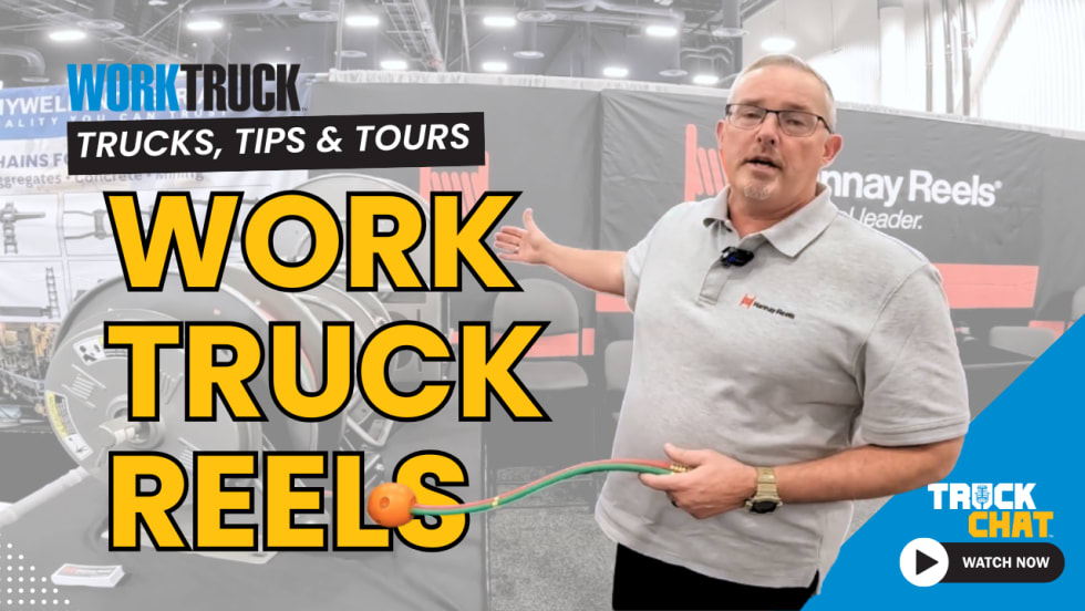 Man pointing to metal reels with headline Work Truck Reels and logos for Work Truck and Truck Chat.
