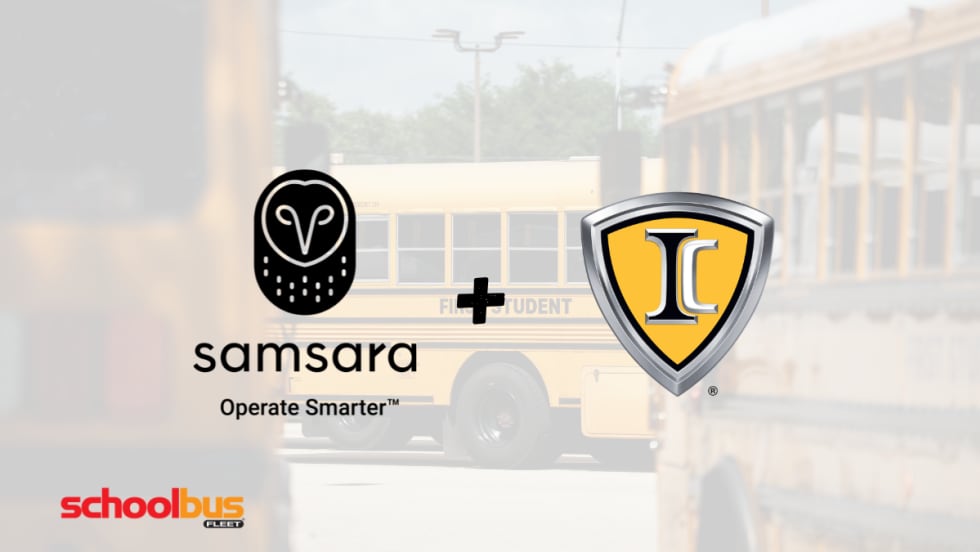 a faded photo of school buses in the background with the samsara logo and IC Bus logo next to each other