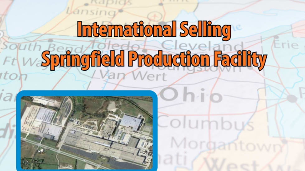 Faint background image of map of Ohio with orange headline International Selling Springfield Production Facility and an inset aerial photo of the manufacturing plant.