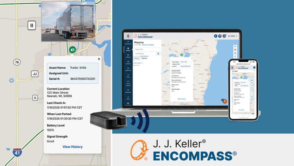 Image of a GPS map on the left and, at right, a photo of a laptop and phone displaying map software, and a logo for J.J. Keller Encompass.