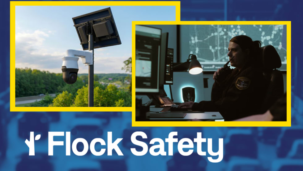 Tinted blue background image of traffic with inset images for an ALPR camera, a police dispatcher, and a logo for Flock Safety.