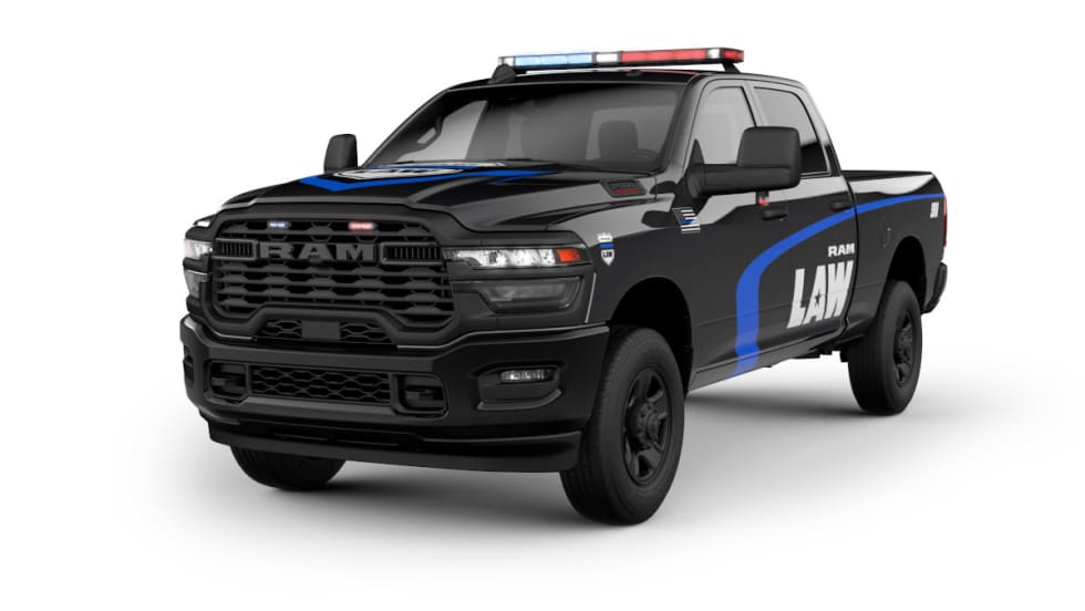 Black Ram police pickup truck against a white background.
