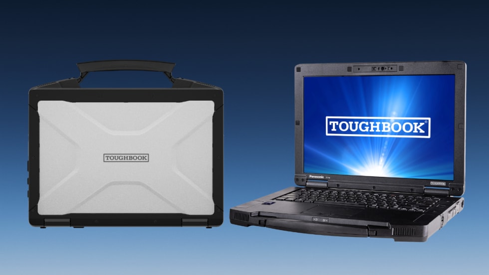 image of one closed laptop and one open laptop with Toughbook logo on screen, all against a blue gradient background