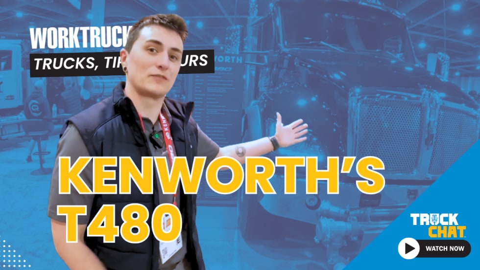 Person gesturing toward a big truck, tinted blue in background image, with yellow headline Kenworth's T480 and logos for Work Truck and Truck Chat.