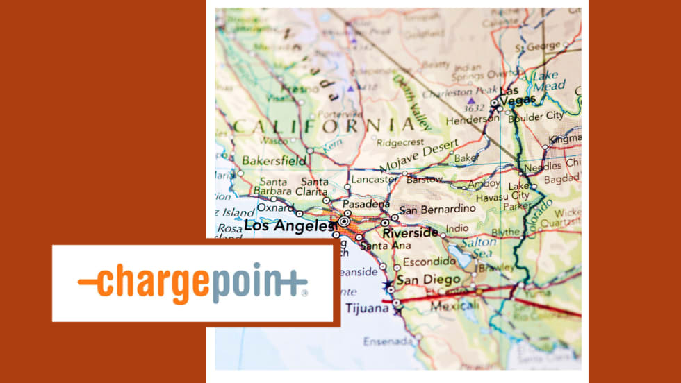 Map of Southern California, surrounded by orange background on left and right, and an inset logo for ChargePoint.