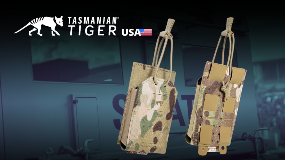 Two camo magazine puches against a blue tinted police background and a logo for Tasmanian Tiger.