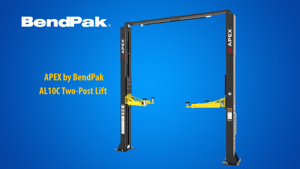 Two post auto lift displayed against a blue background with logo for BendPak and small headline APEX by BendPak AL10C Two-Post Lift.