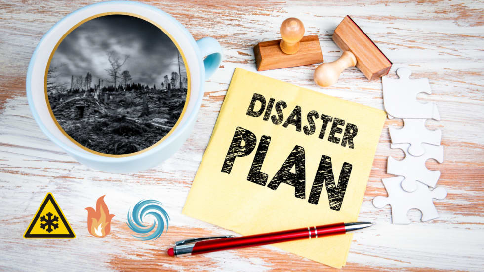 Disaster Plan post it note with images of disaster icons and a wildfire in a coffee cup.