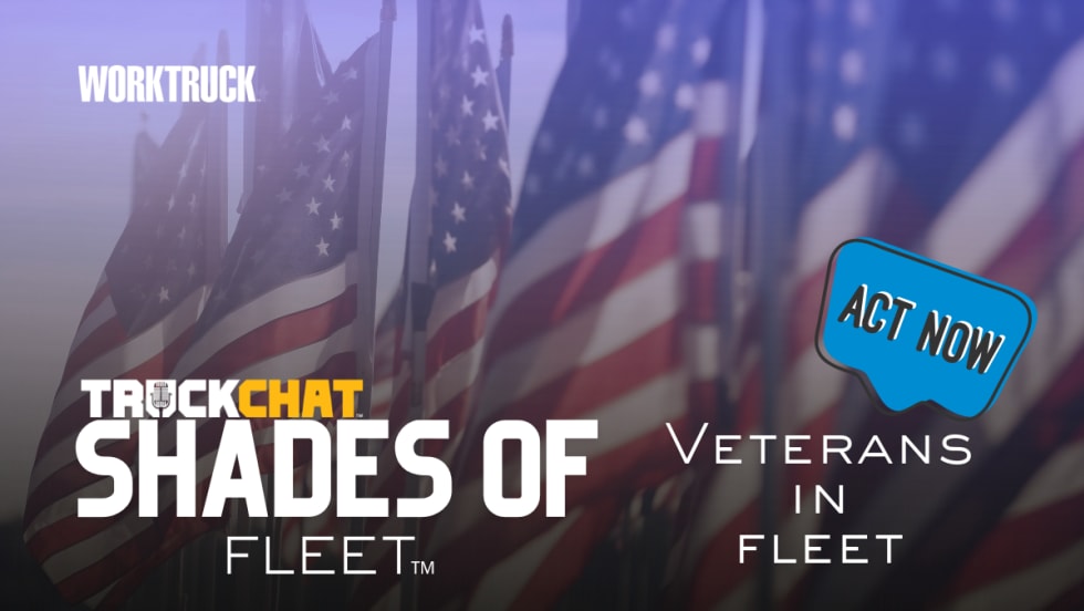 Shades of Fleet Veterans in Fleet graphic with American flags and Work Truck branding highlighting military veterans’ impact on fleet leadership and operations