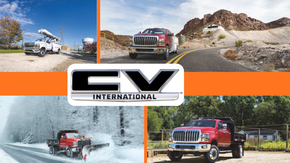 Composite image showing four different photos of a truck ranging from desert to snow, with an orange stripe across the middle of the image with while logos for International and CV Series.