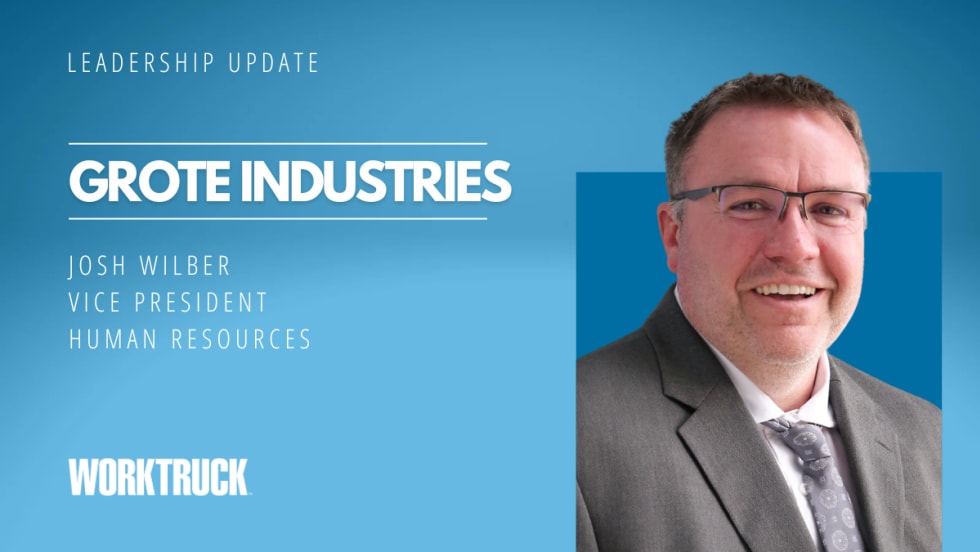 Man inn business attire against a blue background with logos for Leadership Update and Work Truck and headline Grote Industries.