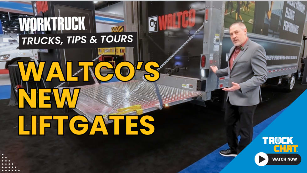 Image standing by a truck and talking about an extended liftgate, logos for Work Truck and Truck Chat, and yellow headline WALTCO's New Liftgates.