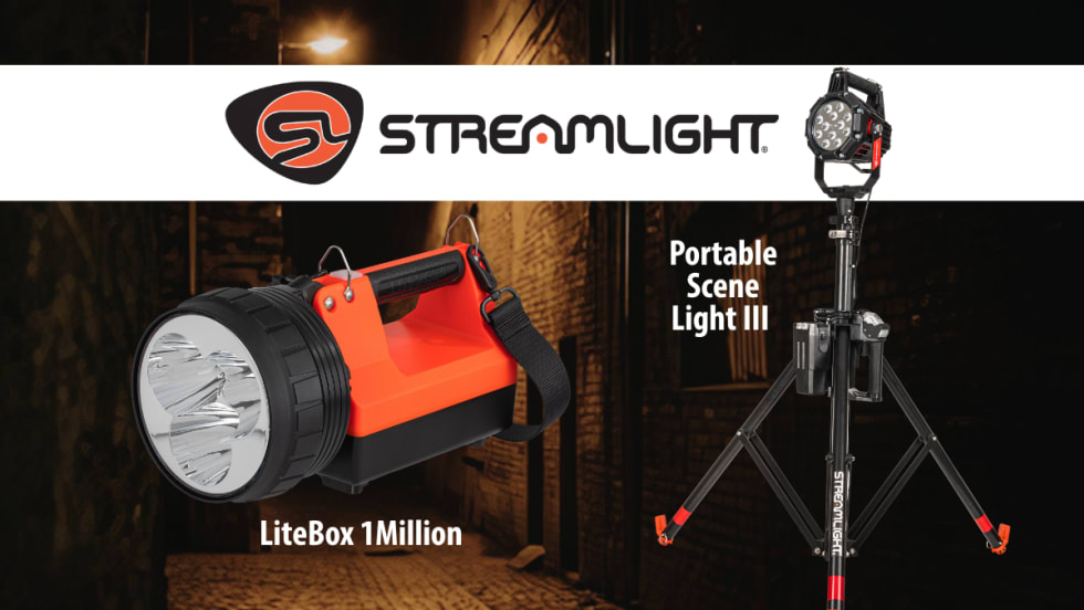 Streamlight searchlight and a scene light on a tripod set against a darkened street scene and Streamlight logo across the top.