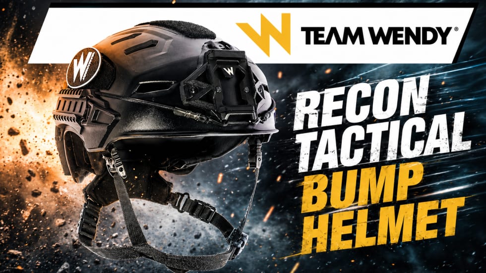 Black tactical helmet with bright explosion behind it to the left, Team Wendy logo top right, and headline Recon Tactical Bump Helmet