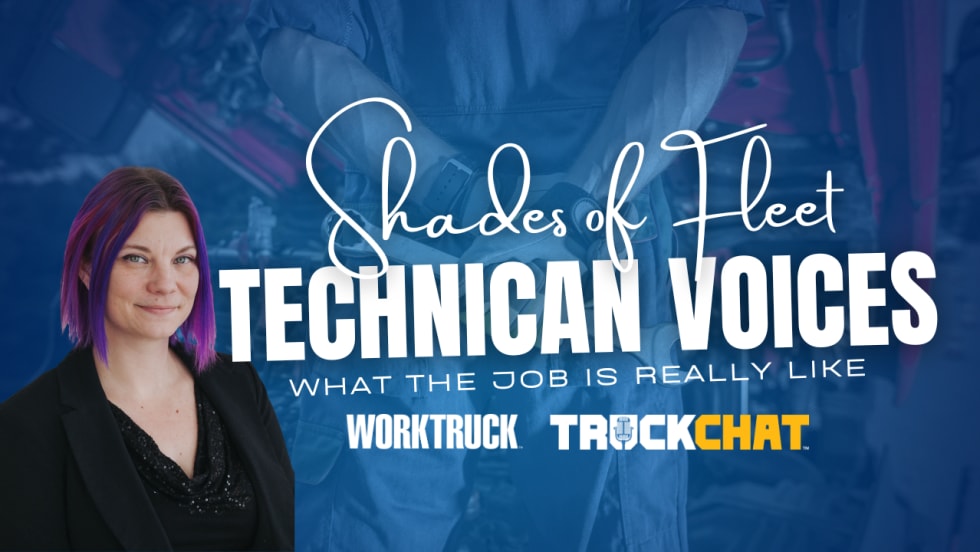 Shades of Fleet Technicians Voices What the Job is Really Like from Truck Chat with Lauren Fletcher blue background with mechanic 