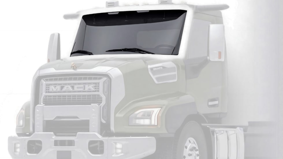 Transparent image of the front of a Mack Truck with a darkened windshield.