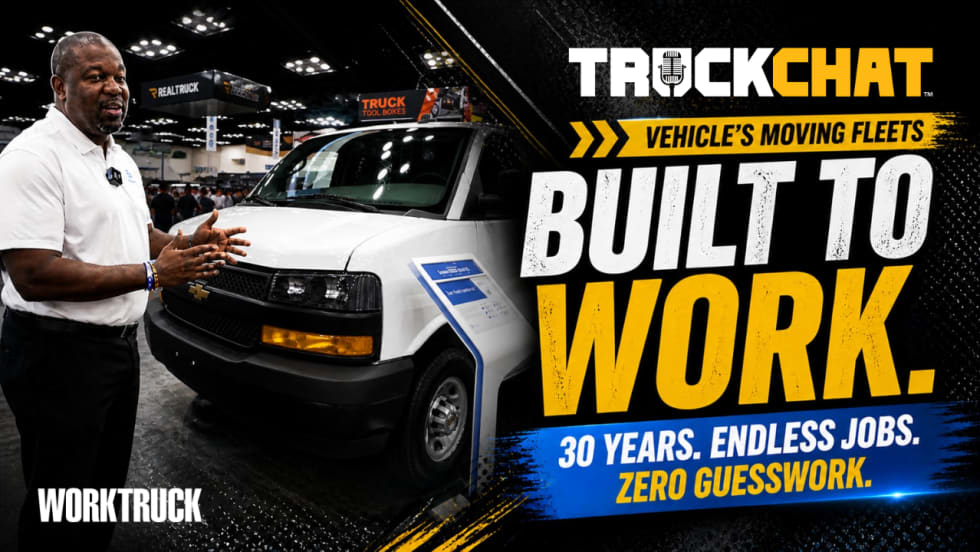 Curtis Reed presenting a Chevrolet van at a trade show, highlighting GM Fleet’s commercial vans built for long-term reliability and upfitting.