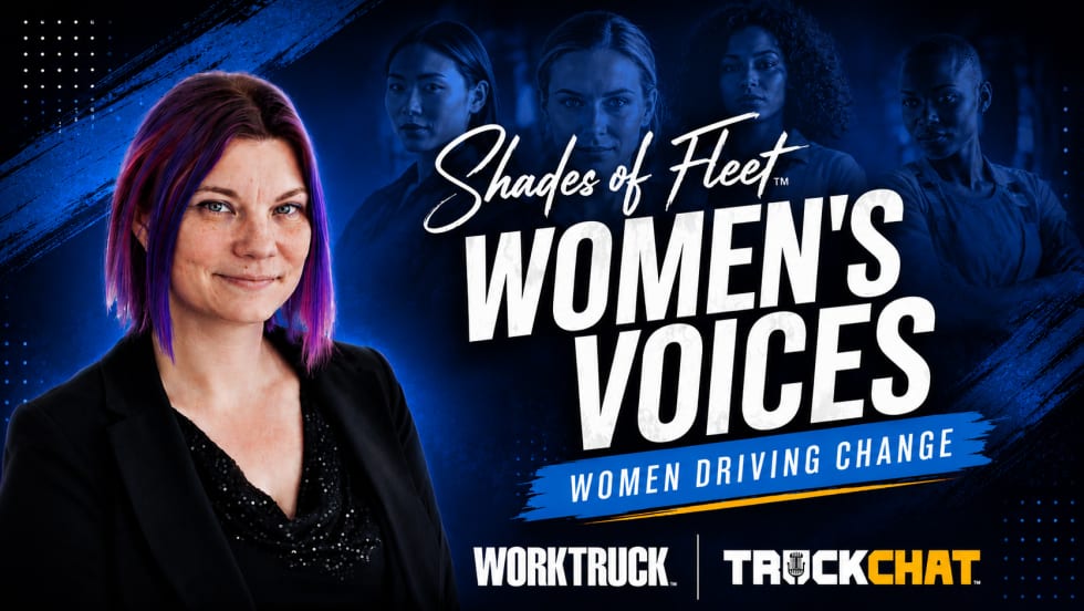 Shades of Fleet Women’s Voices graphic featuring a woman in the foreground and text “Women Driving Change” highlighting women in fleet sharing leadership, support, and industry change insights.