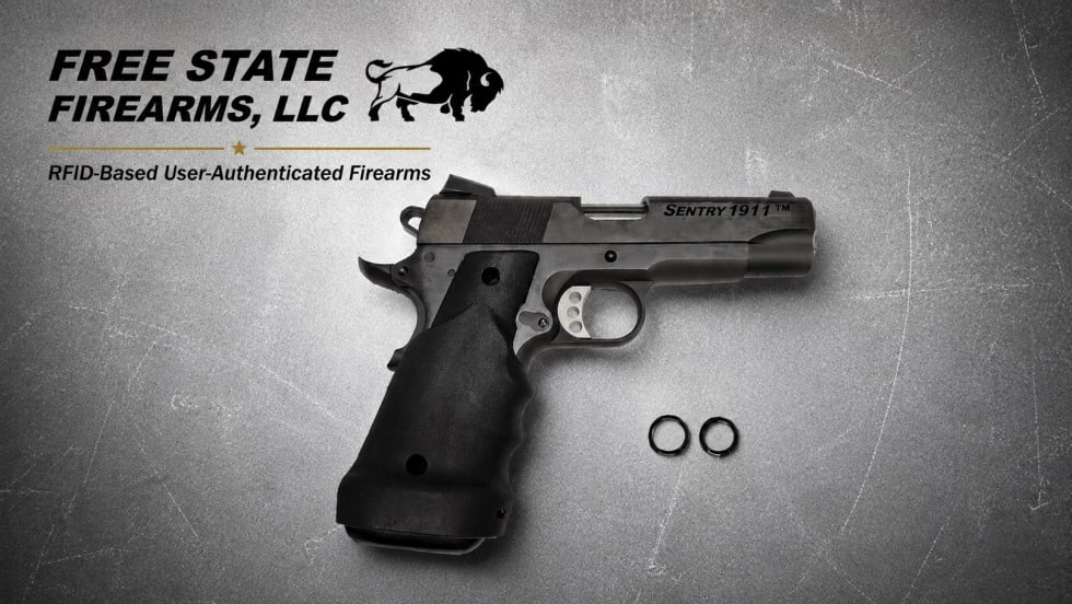 Promotional image for Free State Firearms, LLC featuring a Sentry 1911 handgun displayed on a textured industrial metal background. The firearm is shown at an angle with two black RFID rings placed nearby, emphasizing secure RFID-based user authentication technology. The company logo and buffalo icon appear in the upper left corner, with the headline “RFID-Based User-Authenticated Firearms” beneath it in a clean, modern style.
