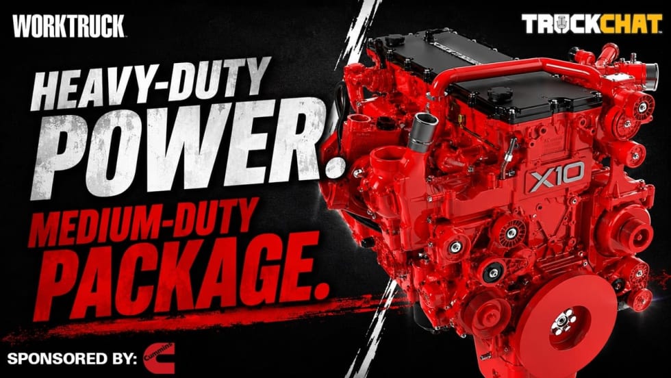 Promotional graphic for a TruckChat video featuring the bright red Cummins X10 engine on a black background with bold text reading “Heavy-Duty Power. Medium-Duty Package.” Sponsored by Cummins.