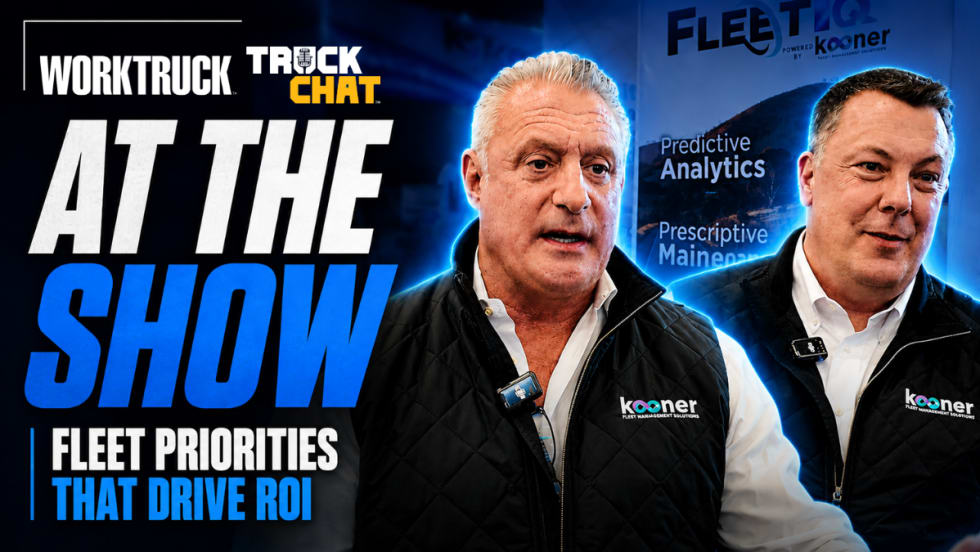 Work Truck Truck Chat promotional graphic featuring two representatives from Kooner Fleet Management Solutions discussing fleet ROI, predictive analytics, preventive maintenance, and fleet priorities at a trade show.