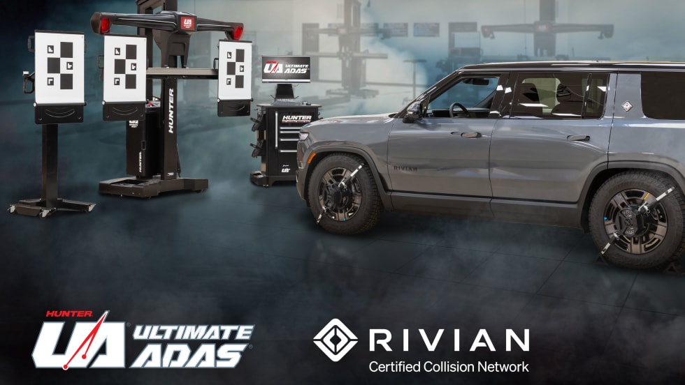 Rivian SUV positioned beside Hunter Ultimate ADAS calibration equipment inside a service facility. The image promotes Rivian Certified Collision Network services, with alignment targets, calibration tools, and brand logos displayed against a dark industrial background.