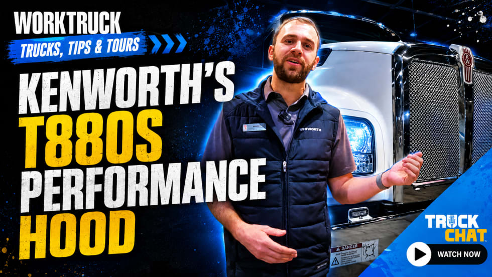 Man talking and gesturing in front of a large Kenworth truck, tinted blue in the background, and yellow headline Kenworth's T880S Performance Hood and logos for Truck Chat and Work Truck.