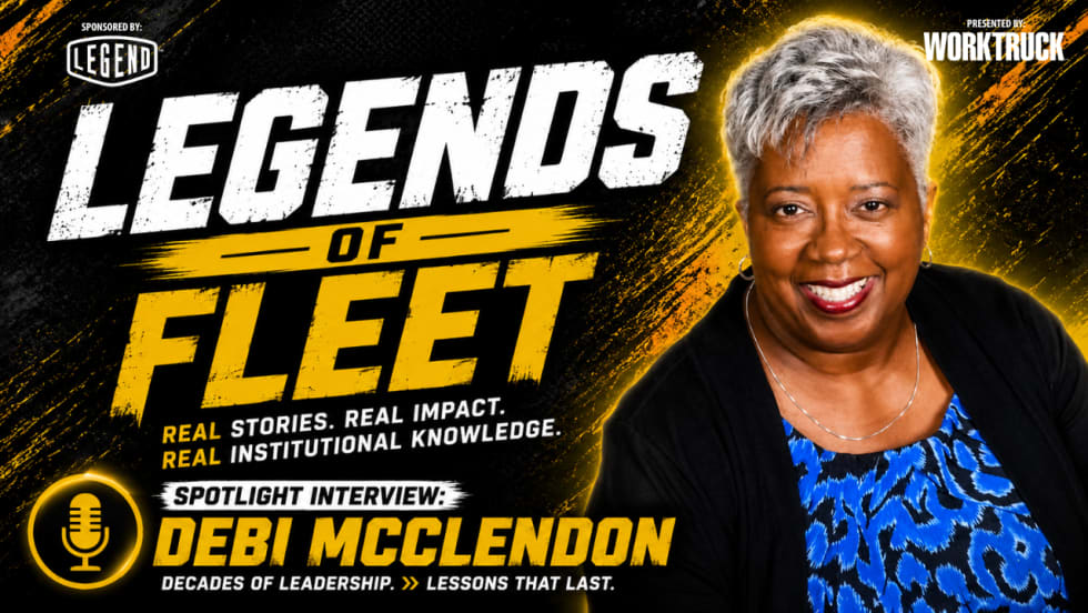 Legends of Fleet thumbnail with portrait of Debi McClendon. Text reads “Spotlight Interview: Debi McClendon, retired fleet manager.” Presented by Work Truck, sponsored by Legend.