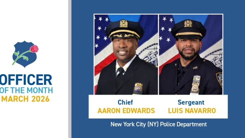 Graphic honoring New York City Police Department officers as “Officer of the Month” for March 2026. The image features portraits of Chief Aaron Edwards and Sergeant Luis Navarro alongside department and recognition text.