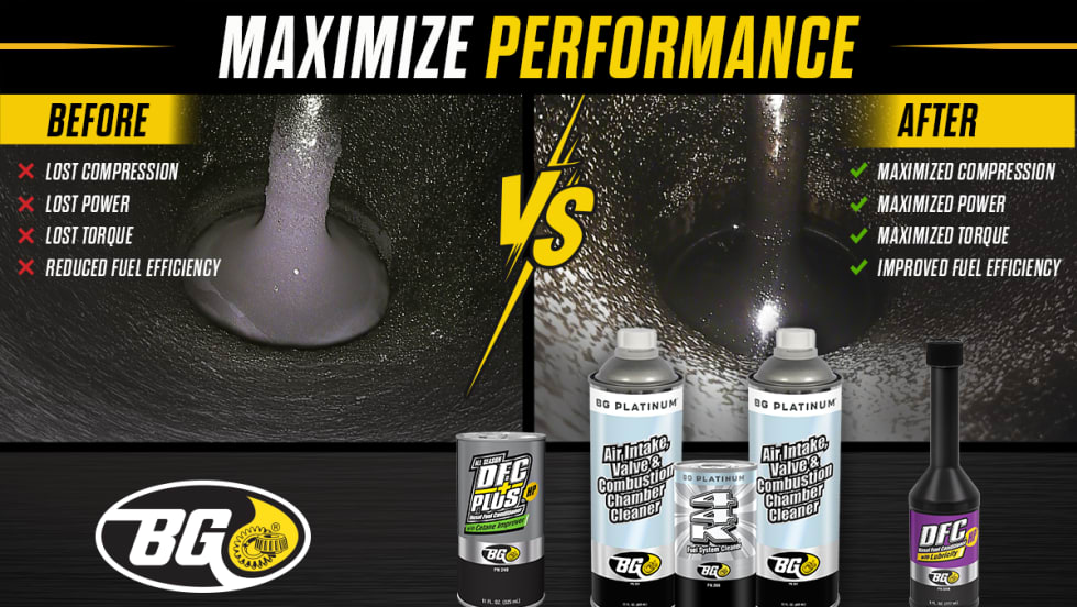 Images comparing engine valve condition before and after fuel system treatment. The image highlights improved compression, power, torque, and fuel efficiency alongside BG and Motorcraft fuel and air intake cleaning products.