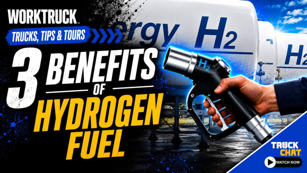 Promotional graphic for Work Truck’s “Trucks, Tips & Tours” highlighting three benefits of hydrogen fuel, featuring hydrogen storage tanks labeled H2 and a hand holding a hydrogen fuel nozzle beside bold educational text