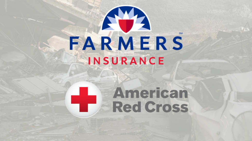 Farmers Insurance and American Red Cross logos displayed over storm and disaster damage imagery representing emergency recovery assistance efforts.