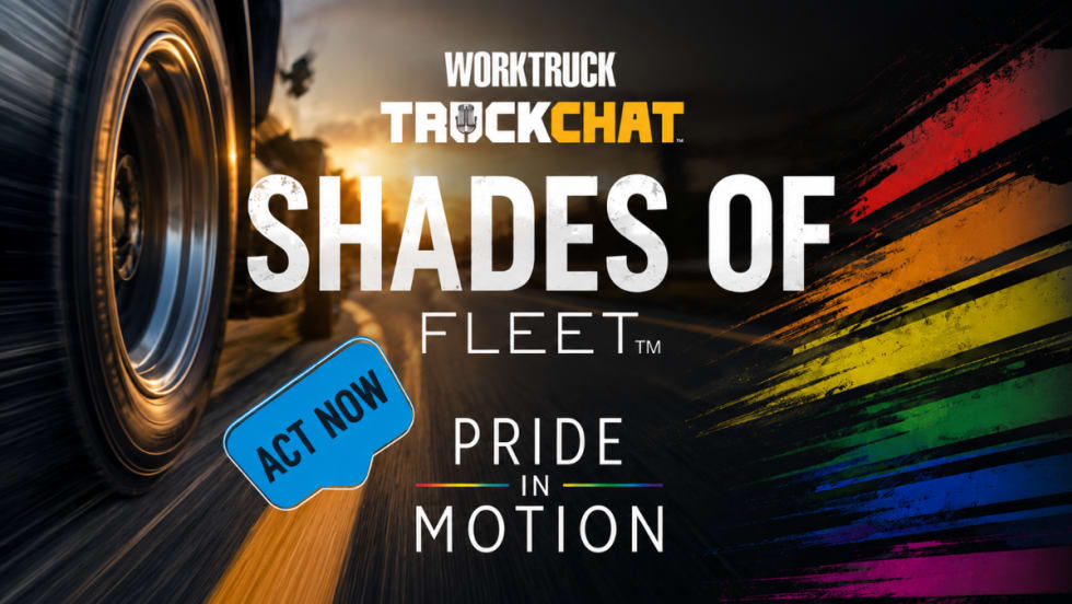 Promotional graphic for Work Truck TruckChat’s “Shades of Fleet: Pride in Motion” series featuring a close-up of a moving truck tire on a highway at sunset, bold white lettering, and subtle rainbow motion graphics on the right side.