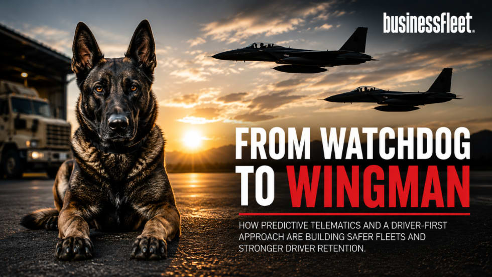 A German Shepherd lies alert on a runway at sunset while fighter jets fly overhead beside the headline “From Watchdog to Wingman,” symbolizing the shift from fleet surveillance to driver support through predictive telematics.